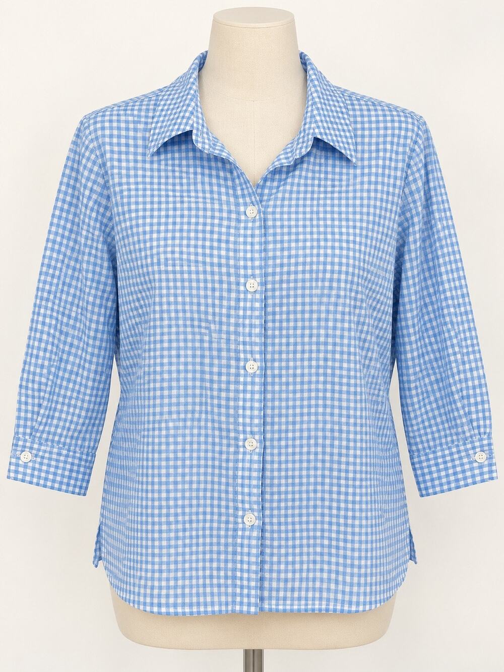 White Stag Womens L Blue White Gingham Check 3/4 Sleeve Button Up Shirt